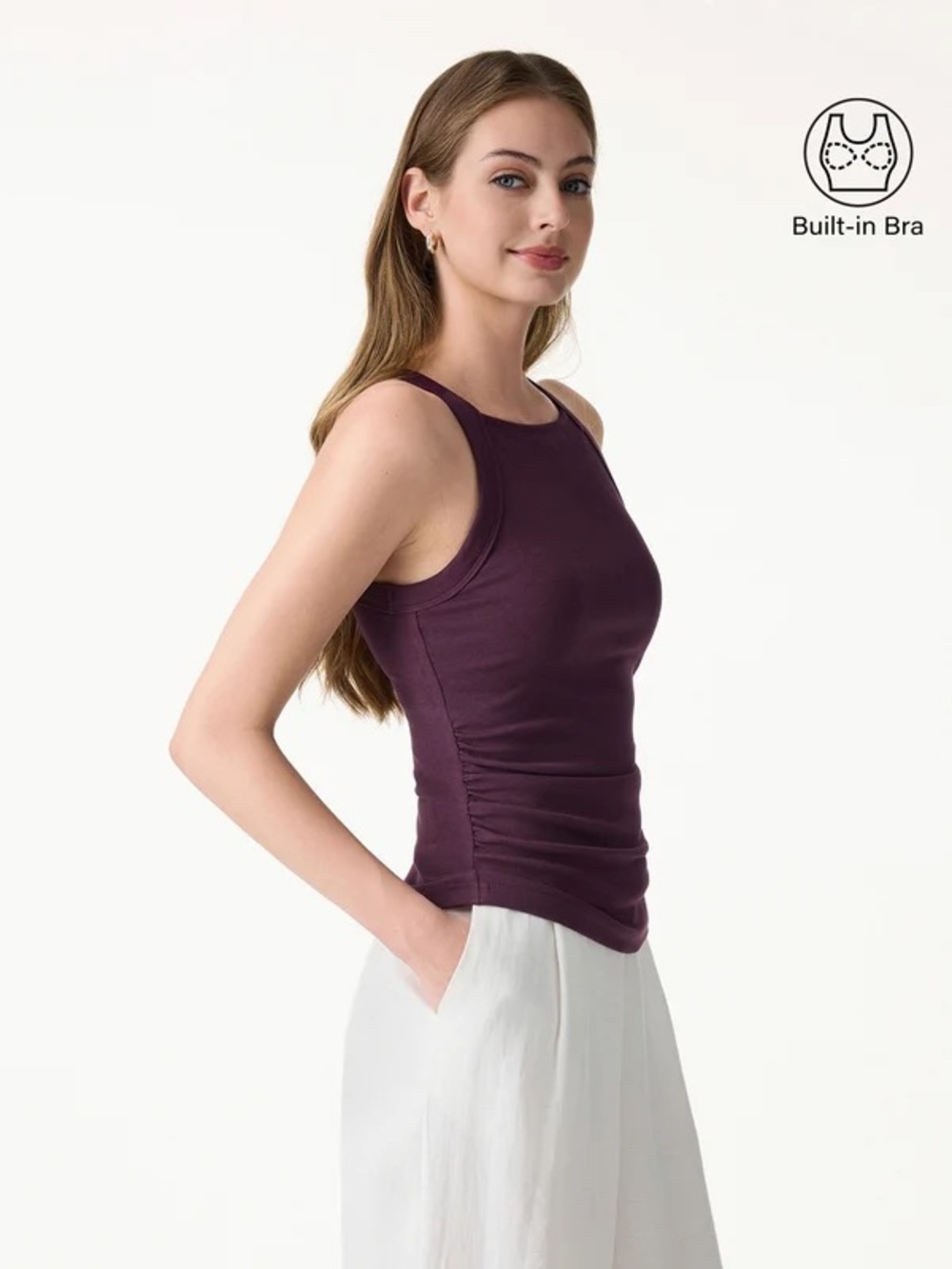 NWT OGL Plantive Chic Square Neck Ruched Rib Bra Tank in Depp fig color